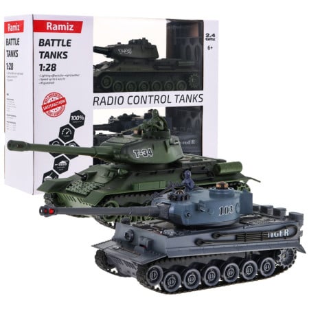 Zdalnie sterowane 2 czołgi T-34 vs Tiger dla dzieci 3+ Strzelające modele 1:28 + Wielka Bitwa Czołgów + Dźwięki Światła