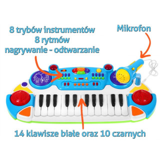 Niebieski zestaw muzyczny Keyboard + Werble + Mikrofon dla dzieci 3+ Światła + Dźwięki 2 oktawy