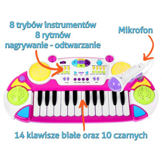 Różowy zestaw muzyczny Keyboard + Werble + Mikrofon dla dzieci 3+ Światła + Dźwięki 2 oktawy