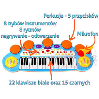 Niebieski zestaw muzyczny Keyboard + Werble + Mikrofon dla dzieci 3+ Światła + Dźwięki 3 oktawy