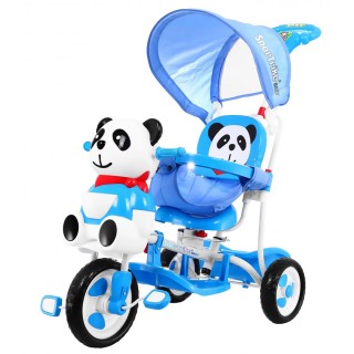3-kołowy Rowerek dla dzieci Panda Niebieski + Dźwięki + Daszek + Barierka + Podnóżek + Rączka + Płozy + Schowek