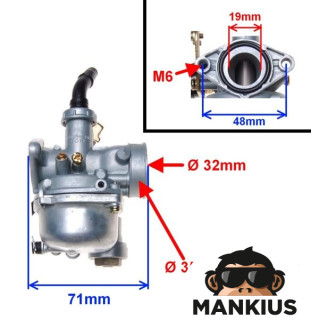 CARBURETOR W/FUEL COCK ATV110 PZ19 CHOKE OPERATED BY CABLE