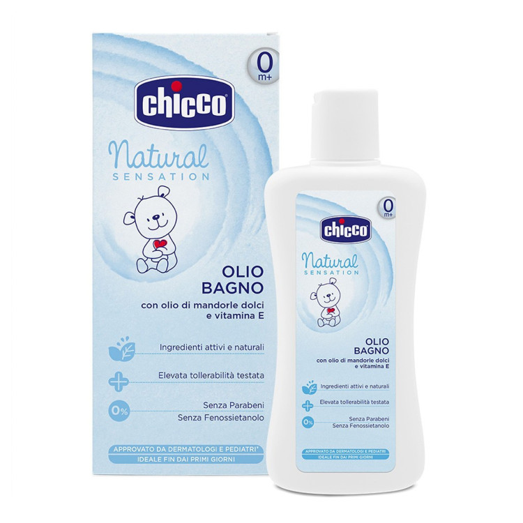 CHICCO Vonios aliejus Natural Sensation su saldžiu migdolų aliejumi ir vitaminu E, 200 ml