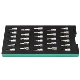 Padėklas. Galvučių su antgaliais rinkinys 3/8" (pl./PH/PZ/HEX/torx) 28vnt.