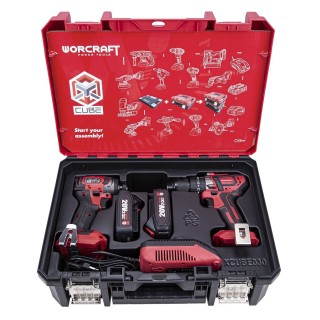 Akumuliatorinio suktuvo-gręžtuvo ir smūginio suktuvo WORCRAFT rinkinys 20V LI-ION (XCUBE dėžė)